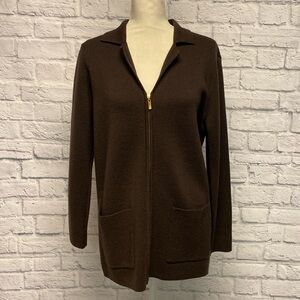 Liz Claiborne Petite 100% Wool Brown Full Zip Hooded Sweater Size SP